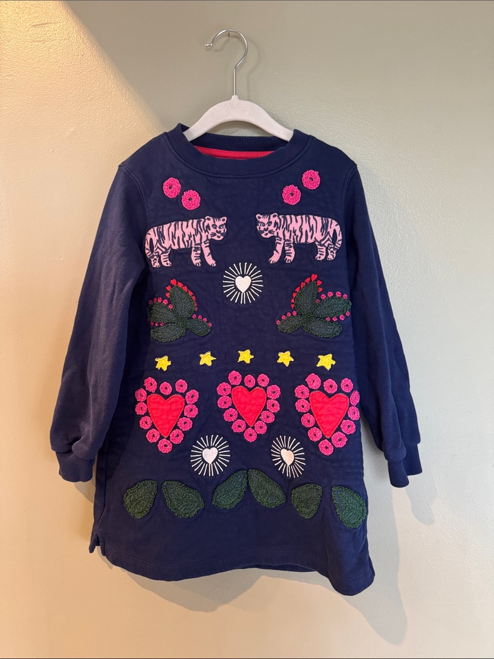Mini Boden Navy Sweatshirt Dress with Pink Embroidered Hearts & Tiger Motifs